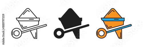 Manual wheelbarrow icons for gardening, construction site transport, and agriculture themes, featuring outline, solid, and flat colorful vector designs.