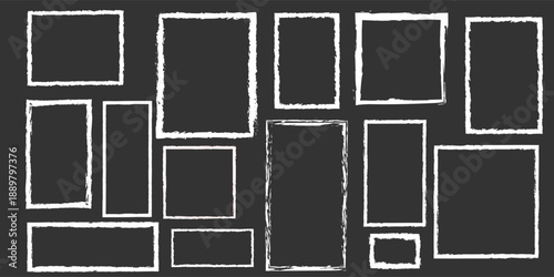 Chalk pencil frames doodle set. Crayon kids white borders in sketch style, rectangular and square shapes, grunge texture. Hand drawn vector illustration isolated on dark background