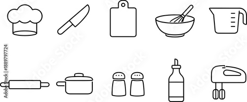 Set of black line icons representing kitchen tools and cooking utensils including chef hat, spatula, cutting board, whisk bowl, knife, measuring cup, rolling pin, frying pan, salt and pepper shakers, 