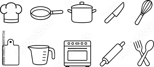 Set of black line icons representing kitchen tools and cooking utensils including chef hat, spatula, cutting board, whisk bowl, knife, measuring cup, rolling pin, frying pan, salt and pepper shakers, 