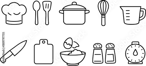 Set of black line icons representing kitchen tools and cooking utensils including chef hat, spatula, cutting board, whisk bowl, knife, measuring cup, rolling pin, frying pan, salt and pepper shakers, 