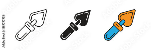 Masonry trowel icons for gardening, bricklaying, construction, and building renovation concepts, featuring professional clean lines and vibrant color options.