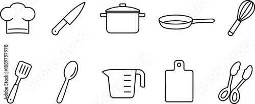 Set of black line icons representing kitchen tools and cooking utensils including chef hat, spatula, cutting board, whisk bowl, knife, measuring cup, rolling pin, frying pan, salt and pepper shakers, 