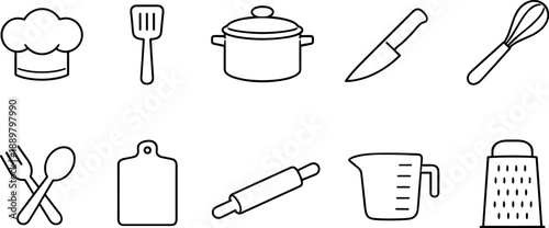 Set of black line icons representing kitchen tools and cooking utensils including chef hat, spatula, cutting board, whisk bowl, knife, measuring cup, rolling pin, frying pan, salt and pepper shakers, 