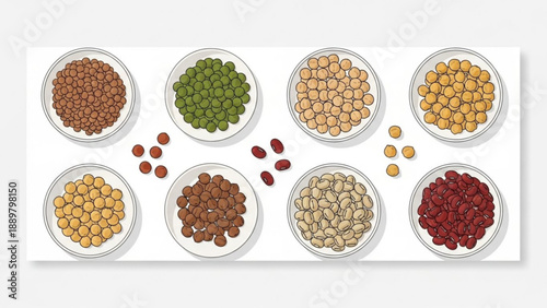Variety of legumes and beans in bowls on a white background for healthy eating and nutrition concepts
