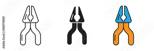 Professional pliers hardware tool icons set, suitable for repair service, electrical work, plumbing, home maintenance, and industrial construction equipment categories.