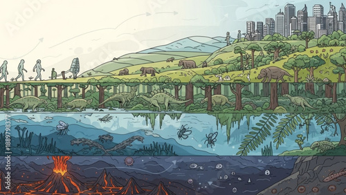 Environmental layers concept with city nature water and earth layers illustrating ecosystem and pollution contrast