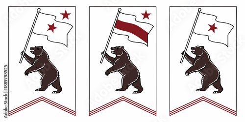 California Bear Flag Poster Set – Stylized Upright Bear with Red Star and Chevron Variations in Patriotic Panels, USA, US, United States
