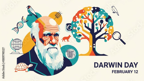 Charles darwin portrait with tree animals and science symbols on darwin day february 12