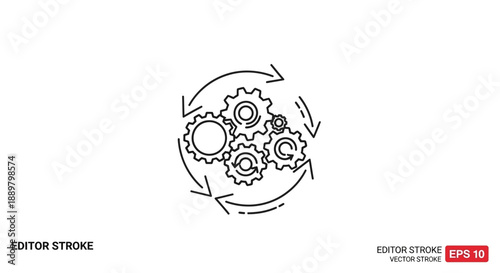 Dynamic gear system encircled by arrows, representing process workflow optimization and productivity