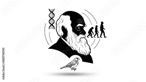 Charles darwin evolution concept with dna bird and human silhouettes