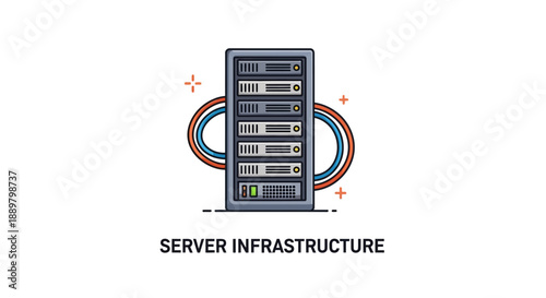 Stylized server array with network connectivity illustration for data management