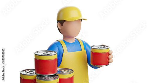 3D Cartoon Worker Holding Canned Food