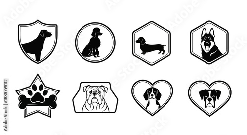 Variety of dog breed silhouettes in decorative frames for logo or branding design projects