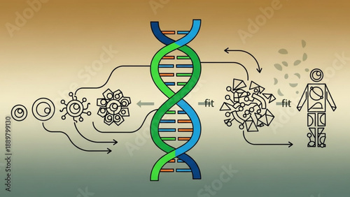 Dna double helix with genetic information flow to human body and virus particles illustrating gene expression and mutation process