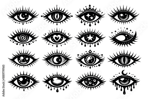Mystical hand drawn line art eye set featuring celestial and spiritual symbols for occult and magic designs