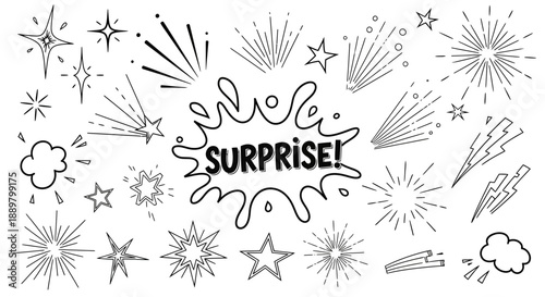 Line art drawing of different surprise design elements with splash star and sparkle effects