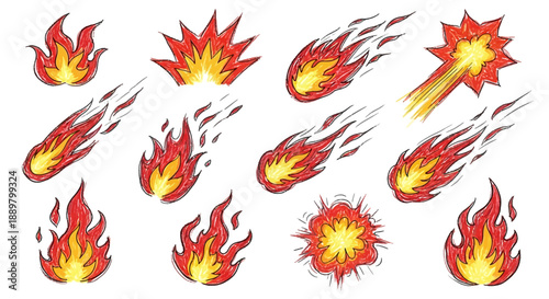 Hand-Drawn Fire Element Collection: Fiery Explosions and Shooting Flames for Designs