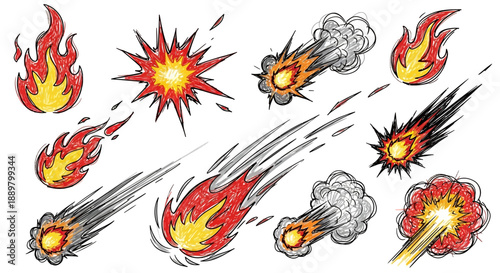 Hand-drawn cartoon explosion set with flames and comets for animation and illustration purposes
