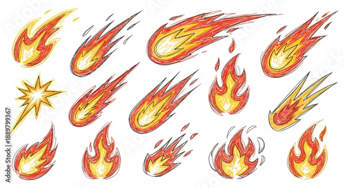 Hand-drawn collection of flames comets and starbursts perfect for adding a fiery touch to your