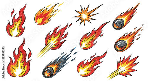 Collection of hand drawn stylized fire flames and meteors on white background illustration