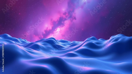 Surreal blue landscape under a vibrant purple nebula and starry sky