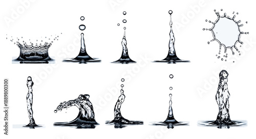 Varied splashes and forms of water droplets frozen in dynamic shapes isolated on white