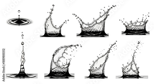 Illustrations collection featuring transparent water splashes with dynamic droplet formations and