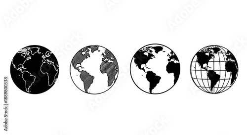 Diverse representations of planet Earth in monochrome illustrative styles conveying global