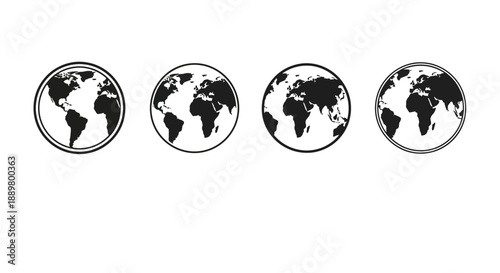 Monochrome earth globe compilation portraying diverse continental perspectives and design choices