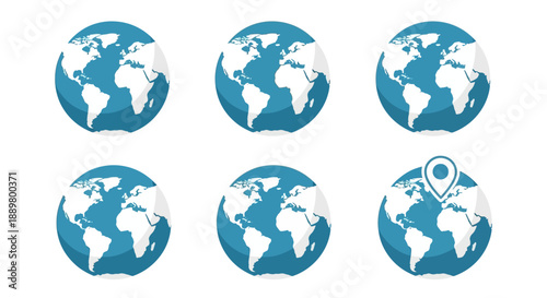 Stylized globes with continents and geolocation marker for diverse visual applications