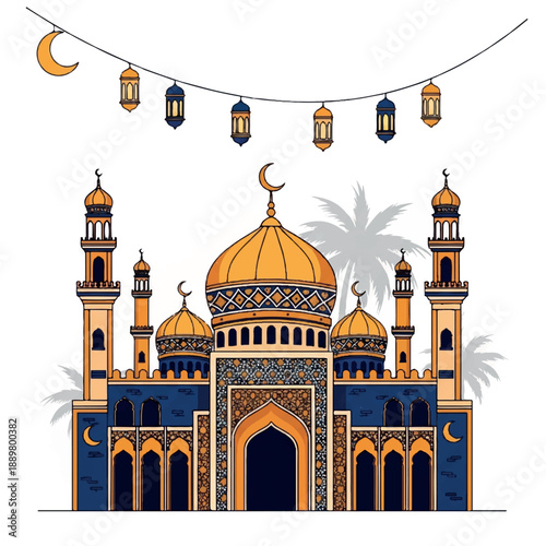 Illustration of a mosque with blue and gold domes and minarets, adorned with lanterns and crescent moons, against a white background with palm trees, celebrating ramadhan ya kareem and