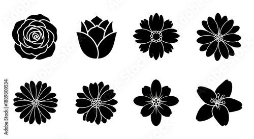 Monochrome floral collection featuring a diverse array of eight unique flower shapes in silhouette