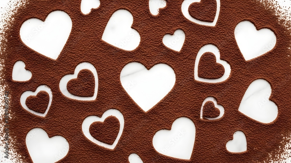 Obraz premium White Heart Shapes on Chocolate Background, Valentine’s Day Sweet Love Concept with Dessert Texture