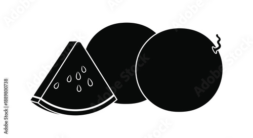A simple black and white illustration depicts a whole watermelon alongside a slice and a vine high quality