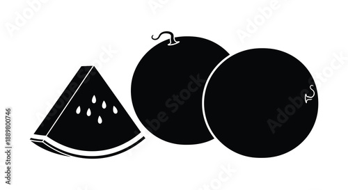 A simple black and white illustration depicts two whole watermelons and a single triangular slice showcasing summer fruit