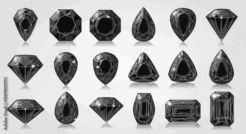 A mesmerizing array of black gemstone cut styles shimmering on a light gradient background