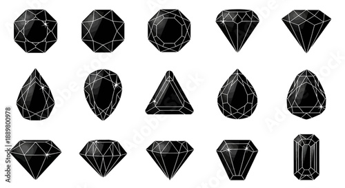 Collection of various black diamond shapes and cuts in a sparkling design composition on white