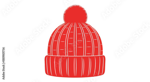 A vibrant illustration of a classic red knitted winter beanie with a fluffy pompom on top high quality