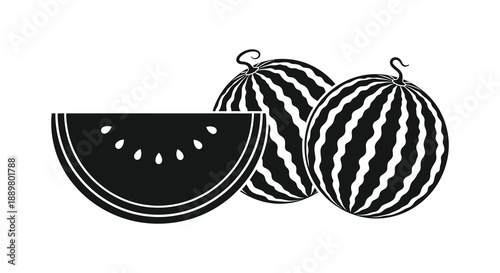 A simple black and white illustration depicts three watermelons one sliced showcasing their distinctive striped pattern and seeds