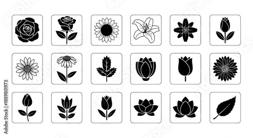 Diverse floral icons in black and white showcasing a variety of botanical species, each contained