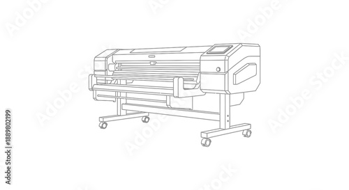 A detailed line drawing depicts a large format plotter printer on wheels showing its technical components high quality
