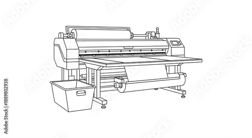 A detailed line drawing depicts a large industrial fabric folding machine showcasing its complex mechanical structure and design