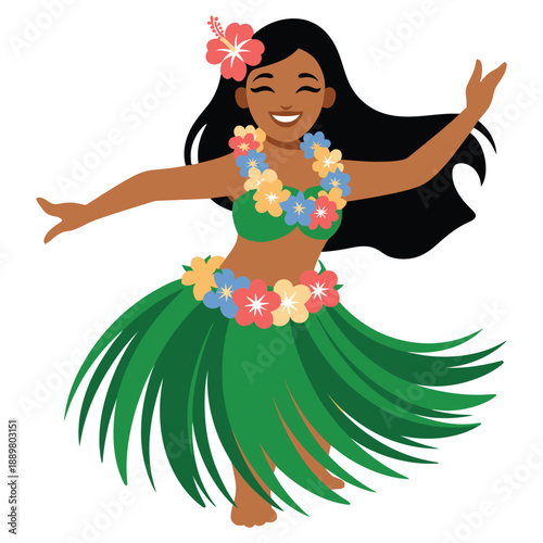 A cartoon woman in a traditional Hawaiian hula dancer costume with a flower in her hair and a grass skirt.