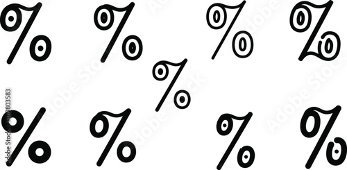 Hand drawn percent symbol set with various artistic stroke designs