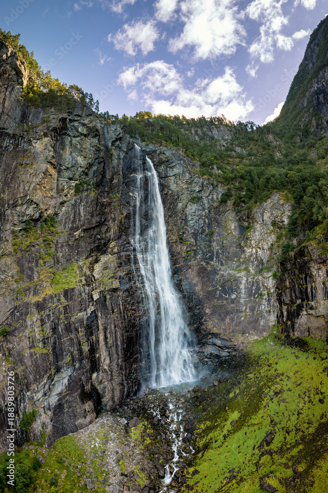Fototapeta premium drone view of the picturesque Feigefossen Waterfall on the south side of the Lustrafjorden in central Norway