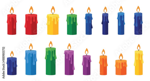 A vibrant collection of colorful candles with dripping wax and glowing flames arranged in multiple rows high quality
