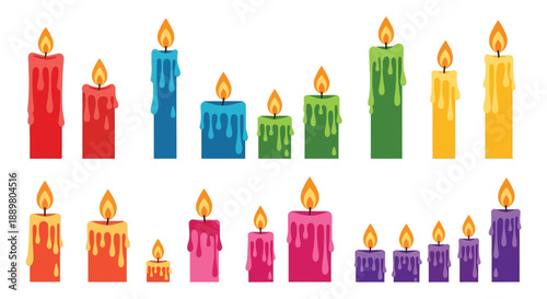 A vibrant collection of colorful lit candles arranged in two rows showcasing different shapes and hues high quality