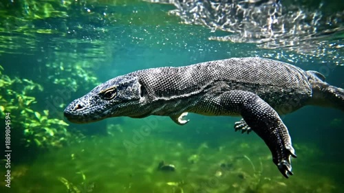 Komodo dragon swimming underwater in green, clear water, with focus on the reptile's head and scales