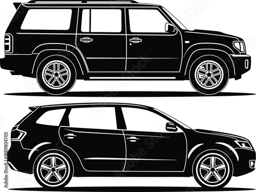 Two modern suv car silhouettes in black side view profile graphic